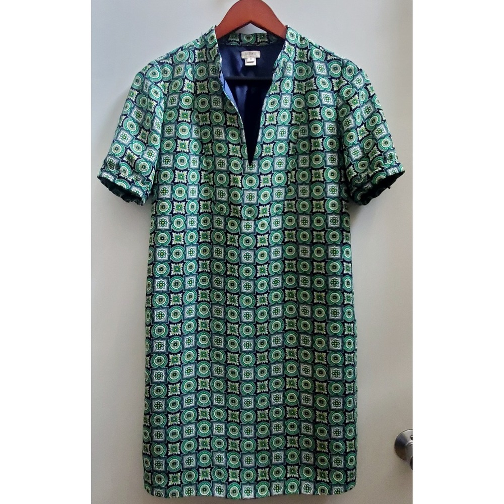 J. Crew Dress A Line Size 0 Emerald/Navy/Yellow/Ivory Geometric Tile Print Lined
